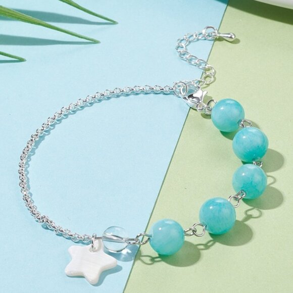 NWOT Natural Mashan Jade Beaded Bracelet Shell Star, Stainless Steel Chain 2/$10 - Picture 1 of 5